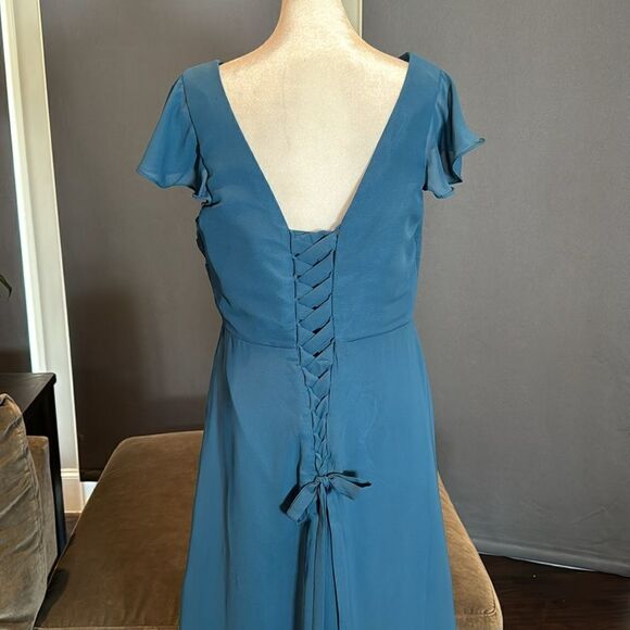 Women’s Blue Full Length Chiffon Formal Dress Flutter Sleeve Corset Back Size 10 - Picture 5 of 11